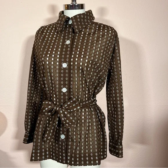Vintage 1960 70 Dalton MCM Brown lace Tie Waist Belted Button Down shirt Jacket - Picture 5 of 17
